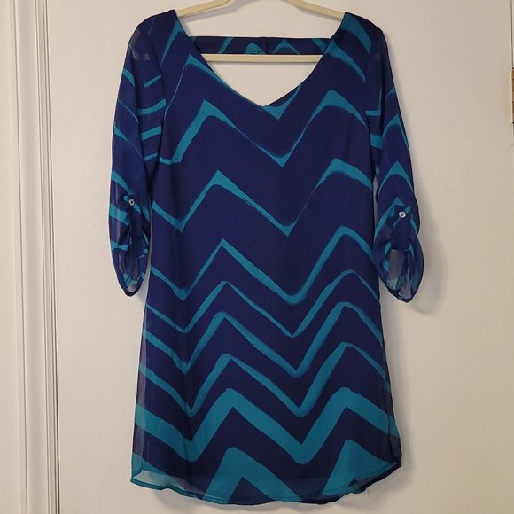 ❣️HP❣️ As You Wish halter back buckle 3/4 Sleeve A Line chevron blue dress S - Picture 3 of 5